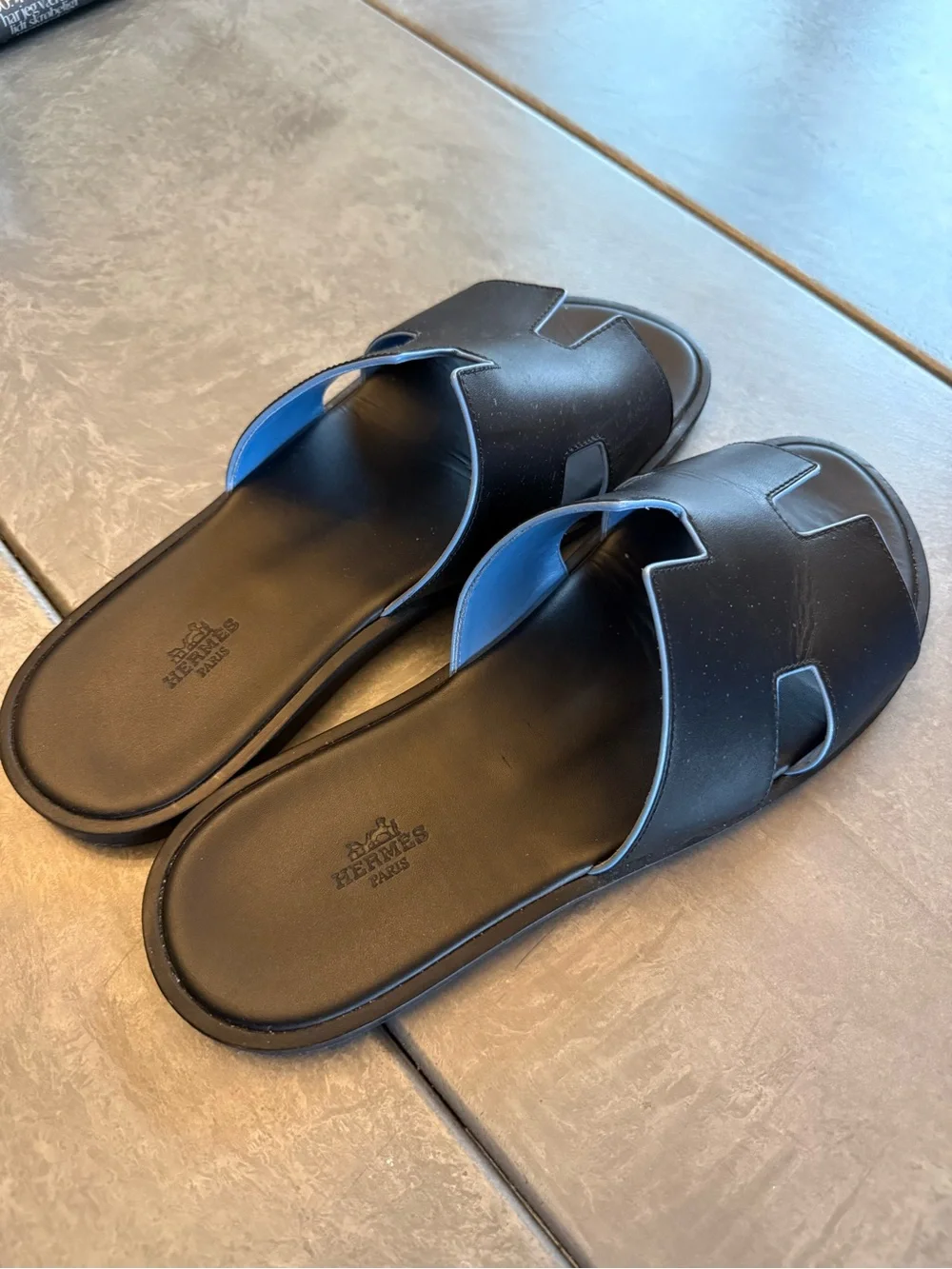 Hermes Men's Black Leather H-Strap Slide Sandals with Blue Edge